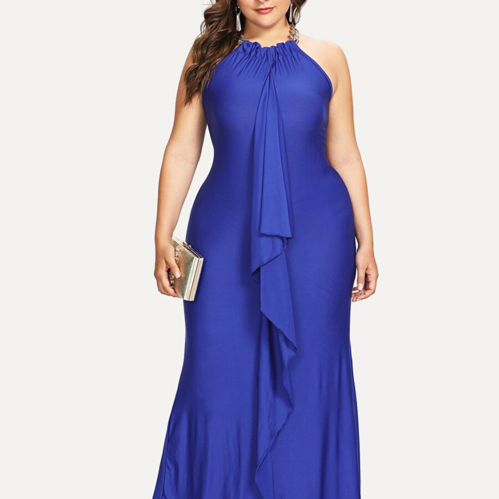 Plus Size Blue Ruffled Halter Maxi Dress